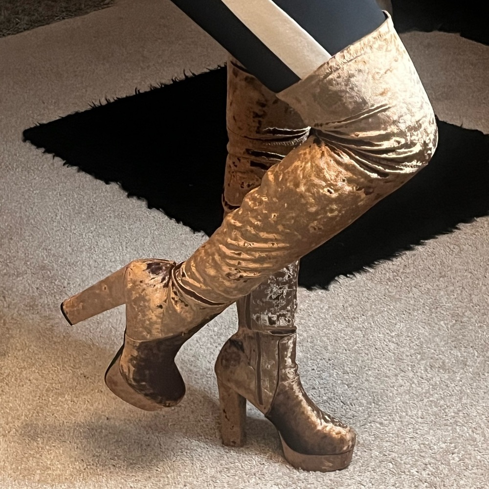 Cape Robbin Gold Velvet Thigh High Boot Heels | Dolls Kill